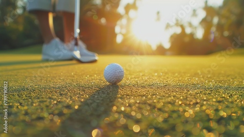 A golfer putting on a green with the sun in the background.