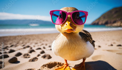 Duck in sunglasses, on a sandy beach, enjoying the sunny summer vibe