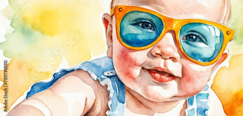 Cute happy baby with sunglasses summer fun watercolor art.