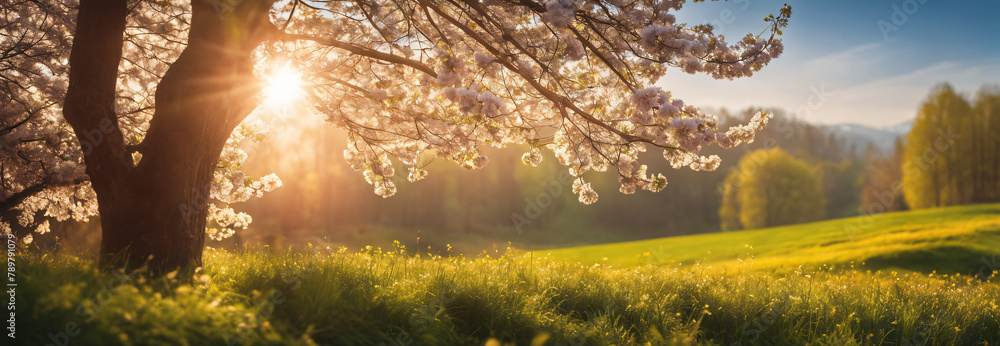 Panorama background on cherry blossoms and a meadow. - obrazy, fototapety, plakaty 
