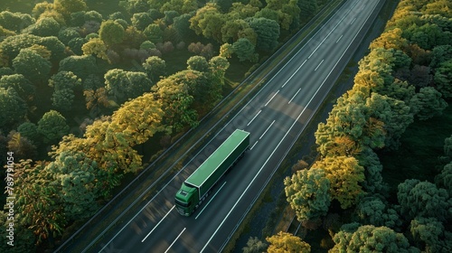 A green semi truck drives down a rural highway surrounded by green and yellow trees.