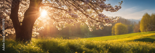 Panorama background on cherry blossoms and a meadow. photo