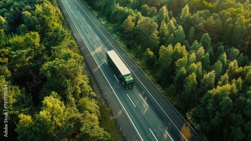 A green semi truck drives down a winding road through a lush green forest.