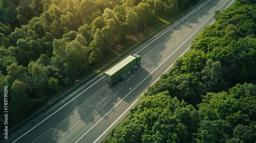 A green semi truck drives down a winding road through a lush green forest.