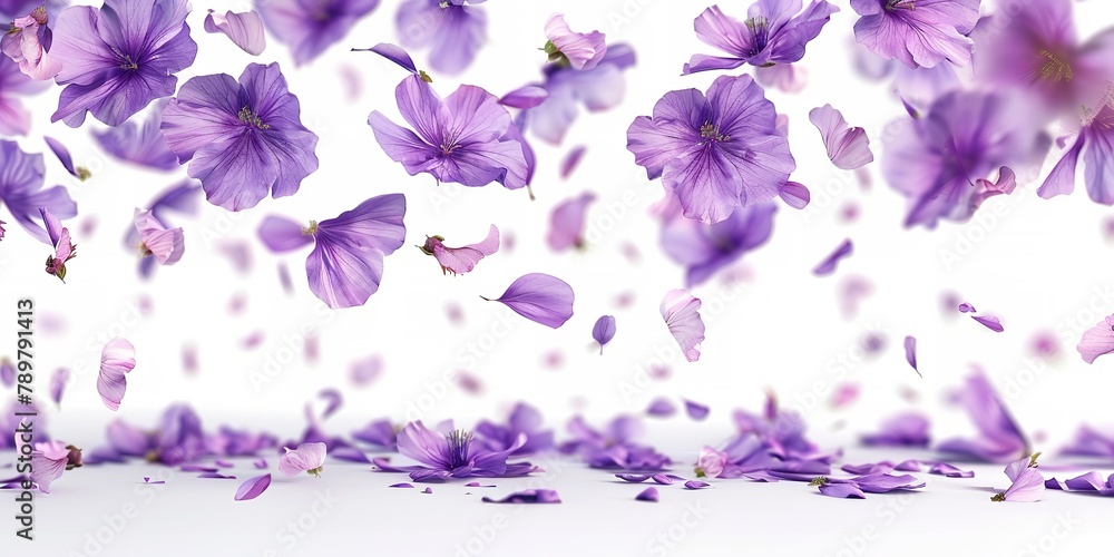 Portrait of flying purple petal flower flying in a clean white backdrop with a big space for text or product advertisement perfect for beauty products, Generative AI.