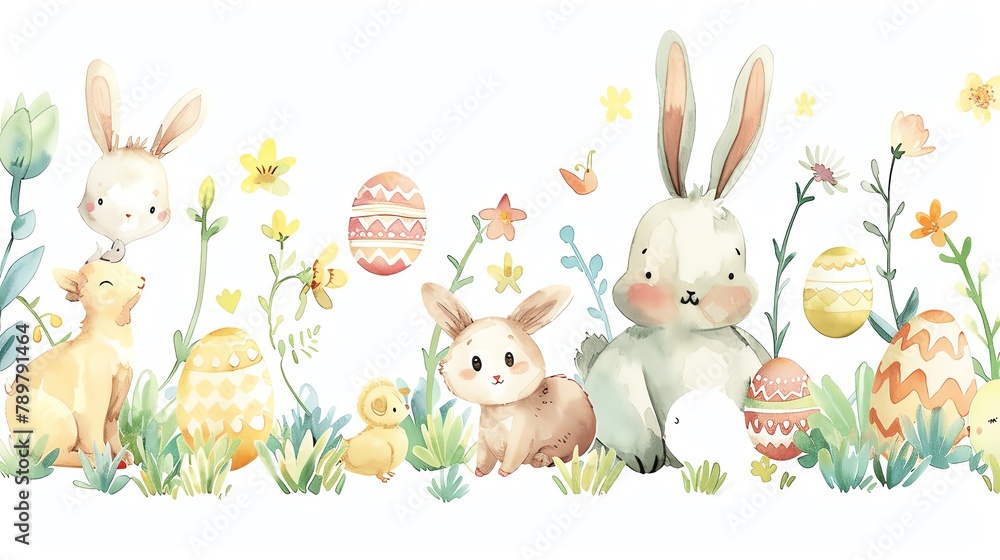 Obraz premium A whimsical, watercolor illustration featuring a group of happy animals celebrating Easter, including a bunny, a chick, and a lamb They are surrounded by colorful Easter eggs and spring flowers Each a