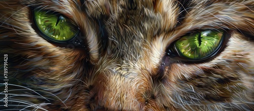 A detailed painting of a cat featuring striking emerald eyes and elongated whiskers photo