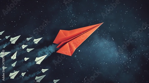 A sleek red paper plane with a shadow resembling a rocket, propelling ahead of white planes against a starry night sky