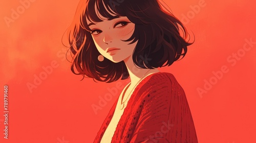 A girl exuding effortless charm and flair in her vibrant red cardigan photo