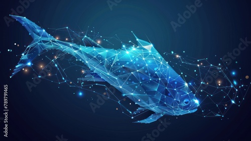 Dorado fish, marine product source of omega 3, from futuristic polygonal blue lines and glowing stars for banner, poster, greeting card. AI generated