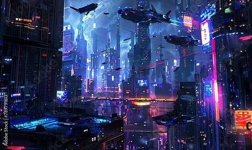 Craft a futuristic cityscape with towering skyscrapers  neon lights  and flying vehicles in a sleek vector art style  evoking a sense of wonder and technological advancement