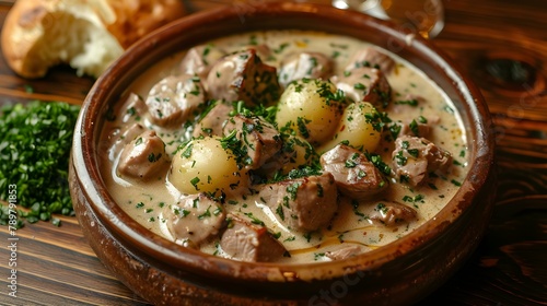Savory French Veal Blanquette with Creamy Sauce and Herbs. Concept French cuisine, Veal recipes, Creamy sauces, Cooking herbs, Savory dishes photo