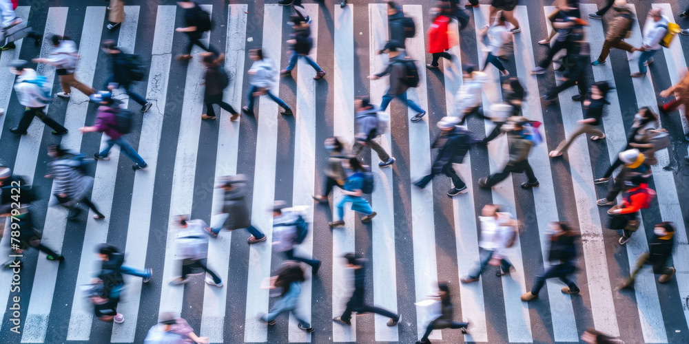 Crosswalk, motion blur and pedestrian crowd in city for morning rush hour commute from above. Hurry, road or travel with group of men and women outdoor in town for crossing street at start of day