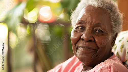 Happy African American senior at nursing home looking at camera.