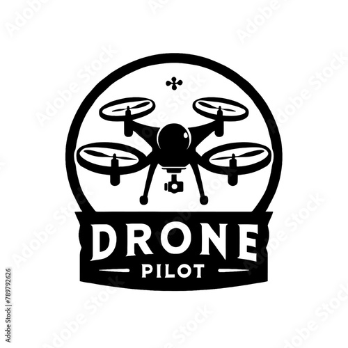 Sleek drone pilot badge with flying quadcopter graphic and bold lettering within a classic circular emblem design