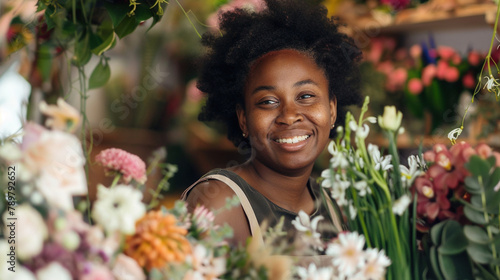 Happy African American woman working as florist at flower shop and looking at camera.