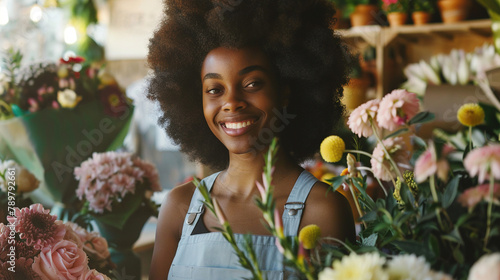Happy African American woman working as florist at flower shop and looking at camera.