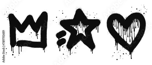 Spray painted graffiti Crown, star and heart drip symbol. isolated on white background. vector illustration