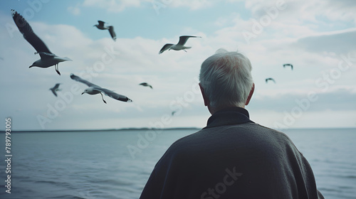 a man looking out onto the ocean with seagulls flying over him, in the style of social media portraiture, agfa vista, dadaist, the snapshot aesthetic, candid portraiture, grandparent photo