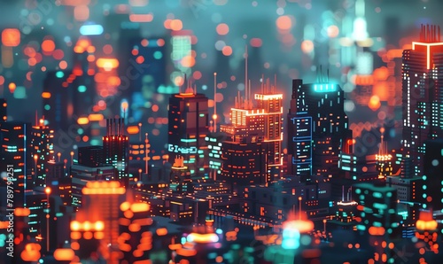 Craft a pixel art representation of a vast digital network spreading across a cyber cityscape Infuse the scene with retro-futuristic elements, neon colors, and intricate details to showcase the fusion