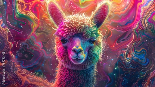 Neonlit alpaca, glowing with phantasmal iridescent tones, amidst a backdrop of psychic wave patterns photo