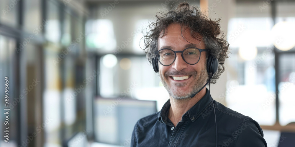 Call center, portrait and man with headset in office for CRM, technical support or consultant. Career, telecom or mature virtual assistant with smile for happiness, service or contact us in workplace Call center, portrait and man with headset in office for CRM, technical support or consultant. Career, telecom or mature virtual assistant with smile for happiness, service or contact us in workplace