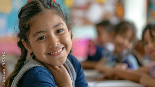 Happy Hispanic girl learning during class at elementary school and looking at camera.