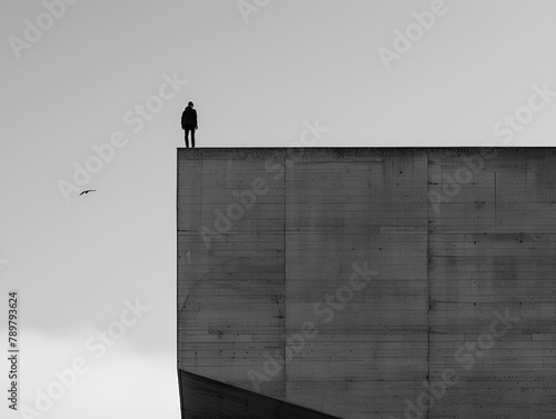 Minimalist black and white photography of an isolated man on a roof,with flat walls and horizontal lines, in the style of Leica Q2 Monochrom. 