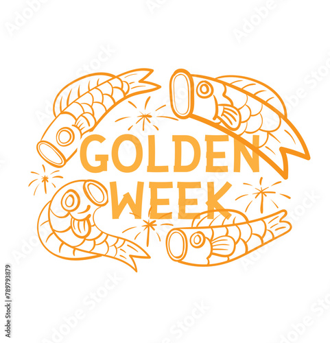 Golden week Japan Banner illustration. Koinobori (Carp streamers) on yellow rhombic pattern. In Japanese it is written Golden week holiday