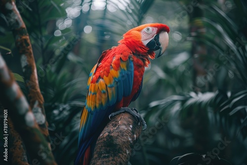 colorful parrot perched on the branch in forest