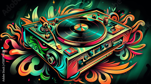 Vintage colorful turntable record player illustration. Generative AI