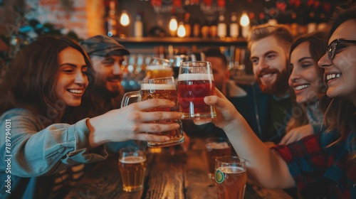 A group of friends are sitting in a bar, drinking beer and laughing. photo