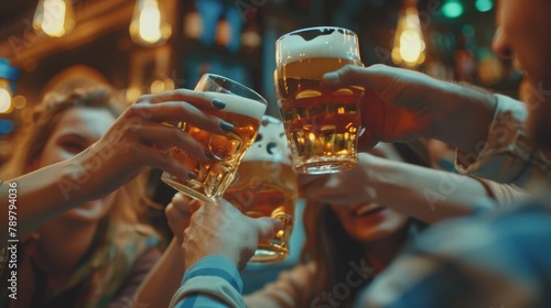 A group of friends are toasting their beer glasses together at a bar.