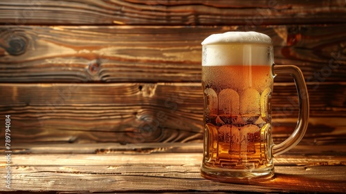 A half full mug of beer sits on a wooden table. photo