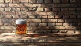 A half-full mug of beer sits on a wooden table against a brick wall.