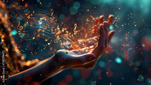 A hand holding a glowing, magical ball of musical notes.