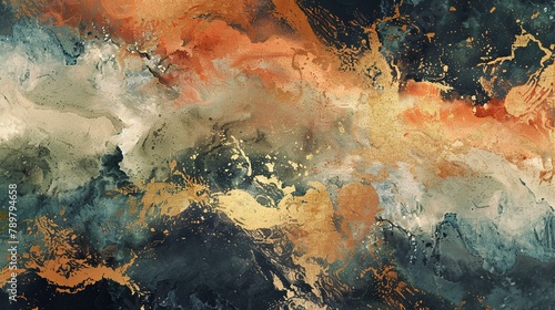 Closeup of a painting featuring a cloudy sky and underwater ecosystem