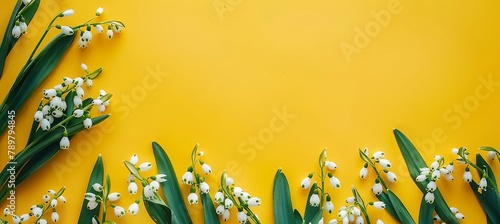 Yellow background with lily of the valley flowers in macro photography