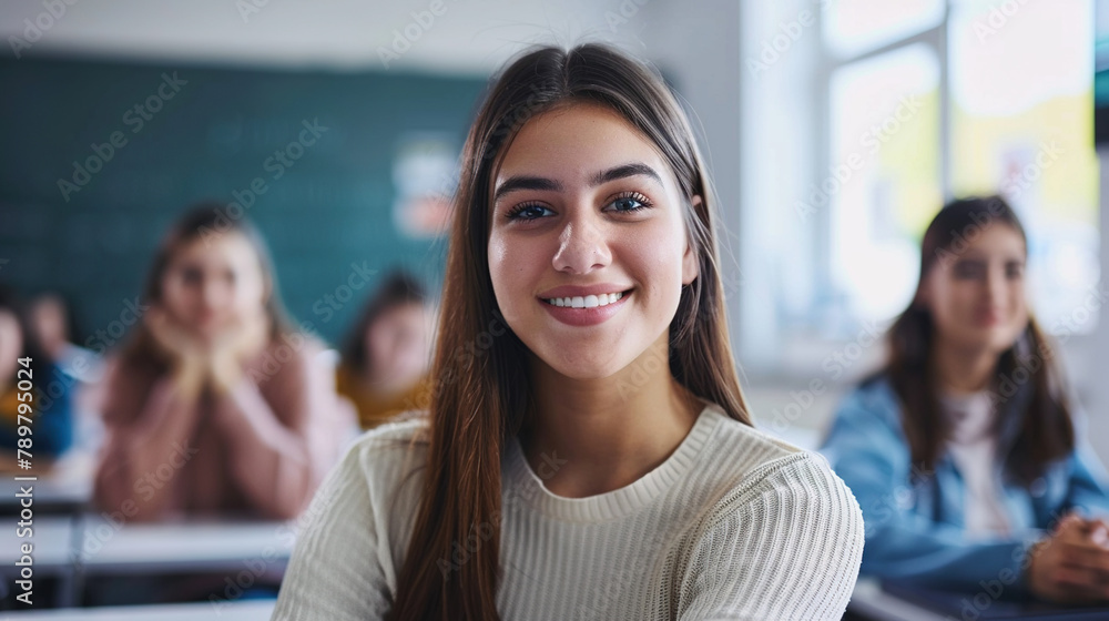 Fototapeta premium Portrait of happy female student at college classroom looking at camera.
