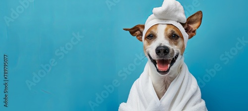 A dog of fawn color wearing a bathrobe with a towel on its head © Mari