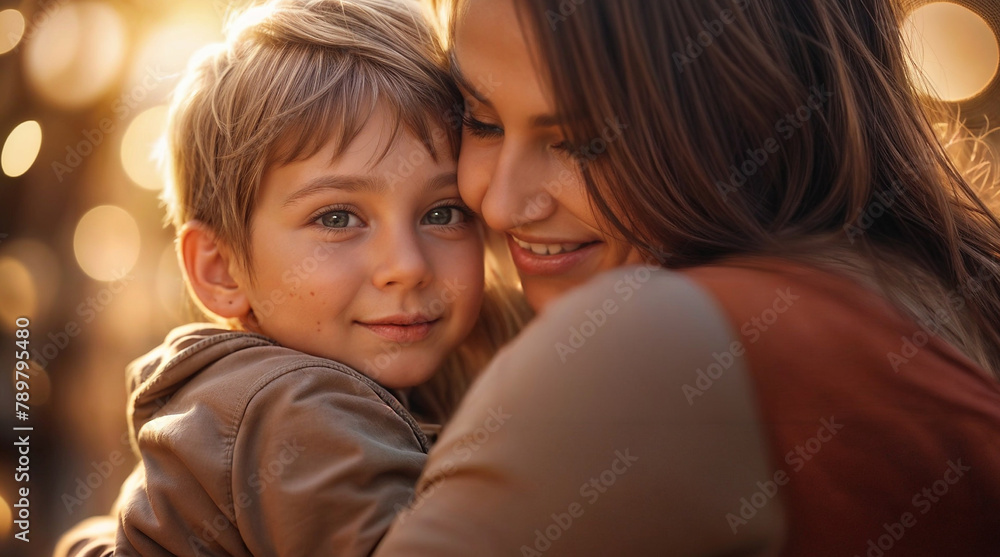 A woman mother and a child son are embracing each other. The child is looking at the camera