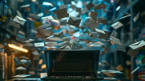 A laptop is being overwhelmed by a flood of emails.