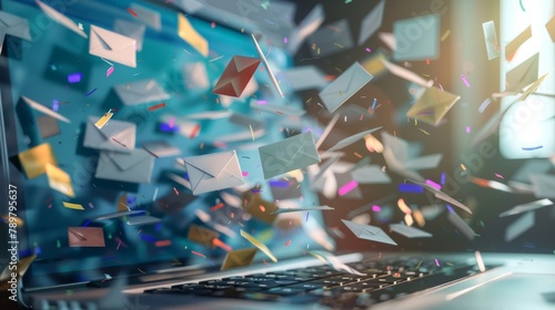 A laptop with a lot of envelopes and confetti flying out of the screen. photo