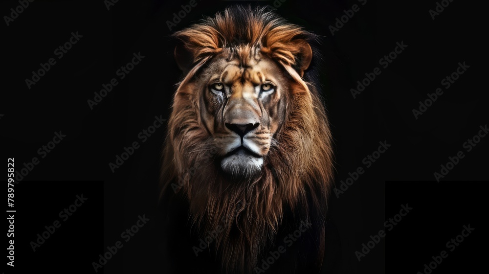 A lion's face in the dark with a black background