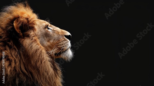 A lion's face in profile, with a dark background.