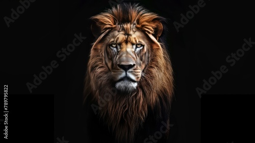 A lion's face in the dark with a black background © Sittipol 