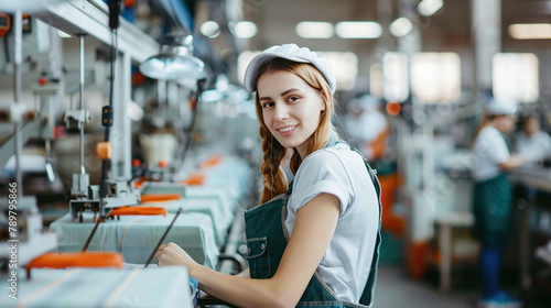 Young happy seamstress works at production line in factory and looks at camera.