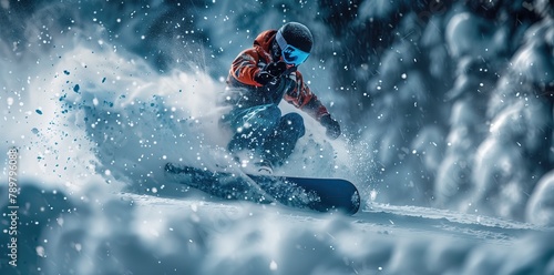 Thrilling Snowboarding Action: Blue Boarder in White Powder