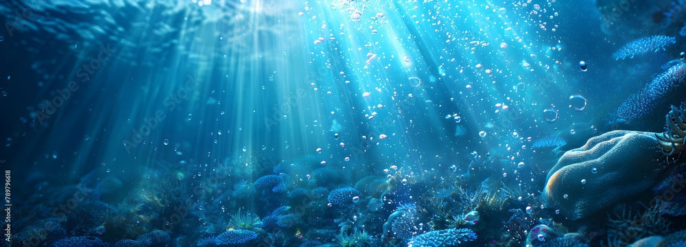 A peaceful underwater scene with blue backgrounds and sunlight, perfect for diving and exploring marine life.