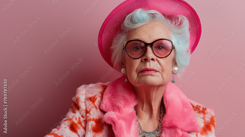 An oldwoman wearing a pink hat and blue glasses is looking to the right of the frame.

